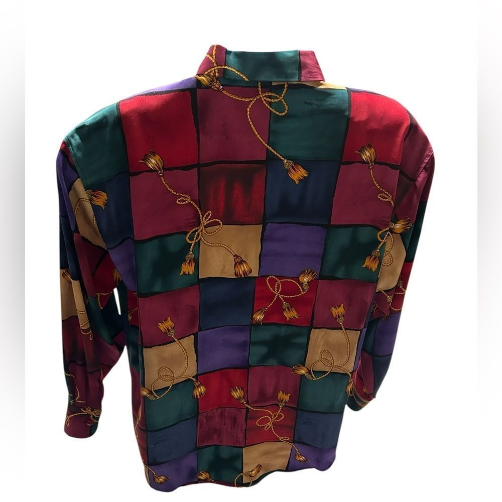 Full Button Vintage Blouse Size M Colorful Geometric Print Tassel Detail 80s 90s - Picture 9 of 9